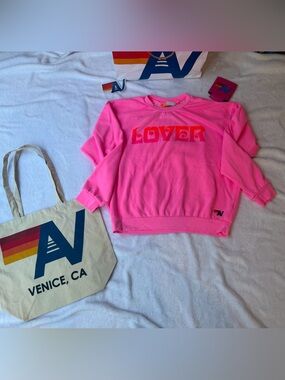 - NWT Aviator Nation Neon Pink LOVER Relaxed Crew Size Medium + Tote Bag